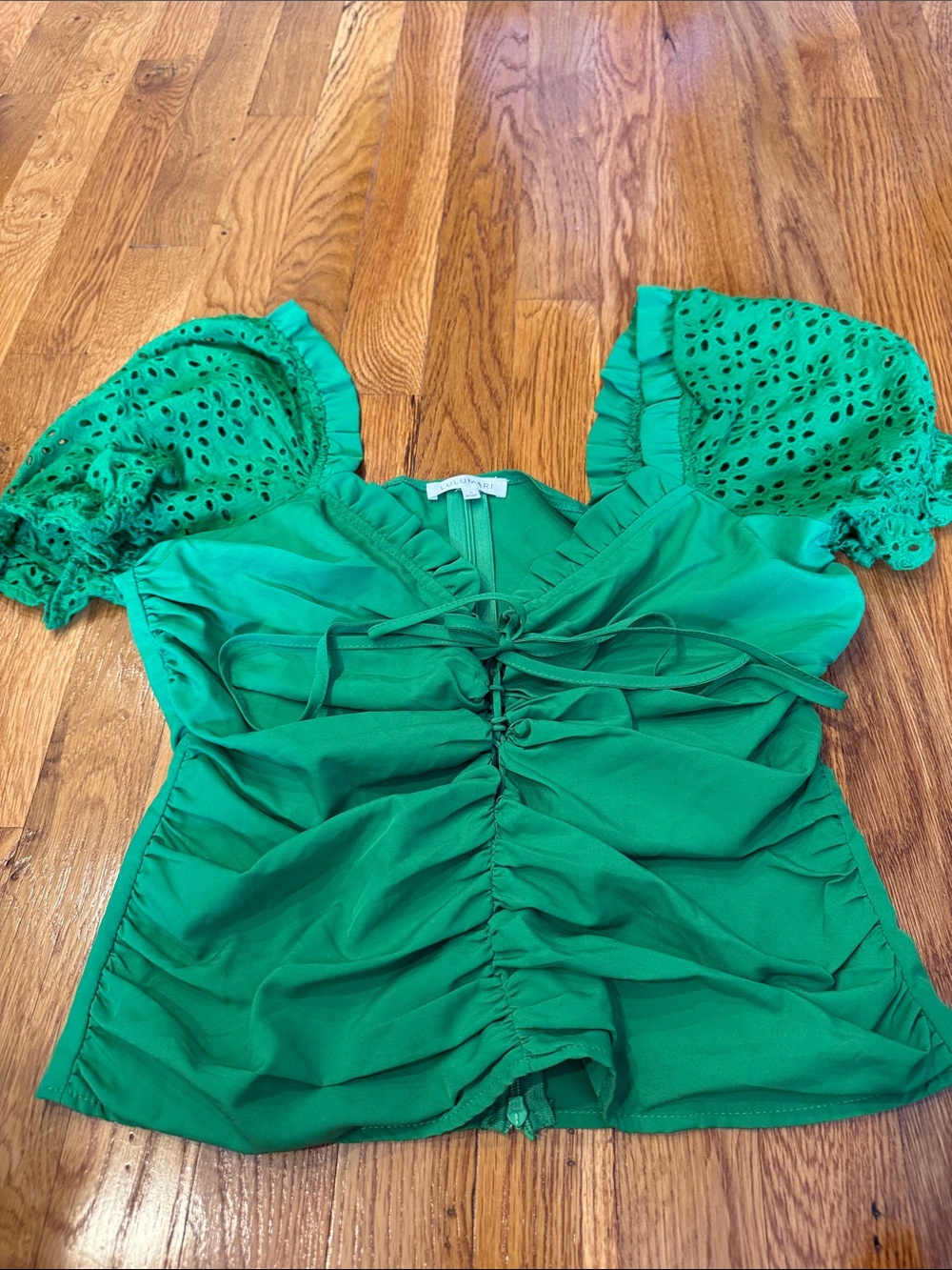 Green Puff Sleeve Ruched Women's Top